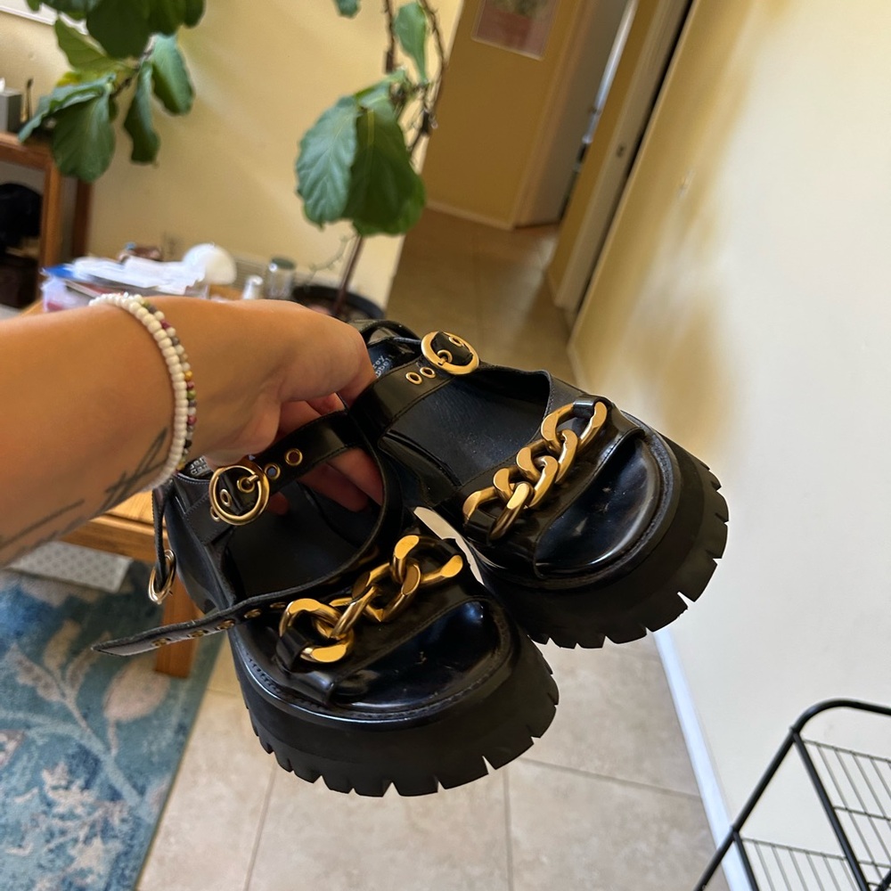 Paul Mitchell Black and Gold Chunky Platform Sandals